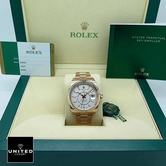 Rolex Sky-Dweller 326935 "Everose Gold" Swiss Super Clone Rolex Sky-Dweller Rose Gold White Dial 326935-0005 Oyster Replica & Guarantee Card in the Green Rolex Box