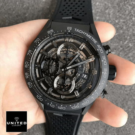TAG Heuer Carrera 01 CAR2A91.FT6071 "Full Black" Ultimate Clone Quality Tag Heuer Carrera cAR2A91.FT6071 Caliber Tachymeter Black Replica on grey background