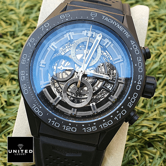 TAG Heuer Carrera 01 CAR2A91.FT6071 "Full Black" Ultimate Clone Quality Tag Heuer Caliber Heuer 01 tachymetre Black Dial Replica grass background