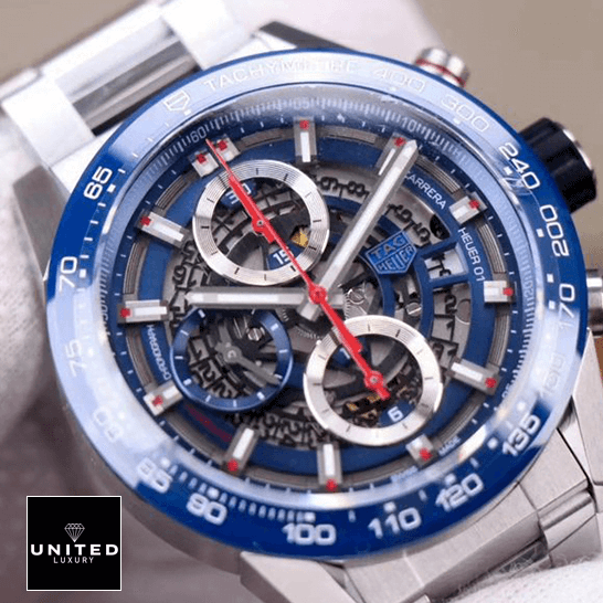 TAG Heuer Carrera 01 CAR201T "Blue Skeleton Dial" Precision Replica Edition Tag Heuer Blue Bezel Red Second Hand Steel Bracelet Replica close view