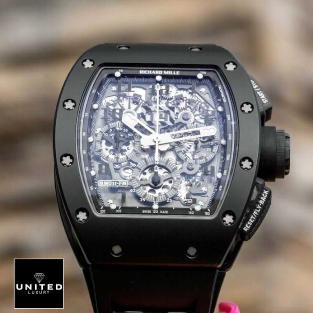 Richard Mille RM 011 "Flyback Chronograph" Ultra Accurate Clone Yeni Proje 1 18 Richard Mille White Dial Black Rubber Bracelet Replica front view