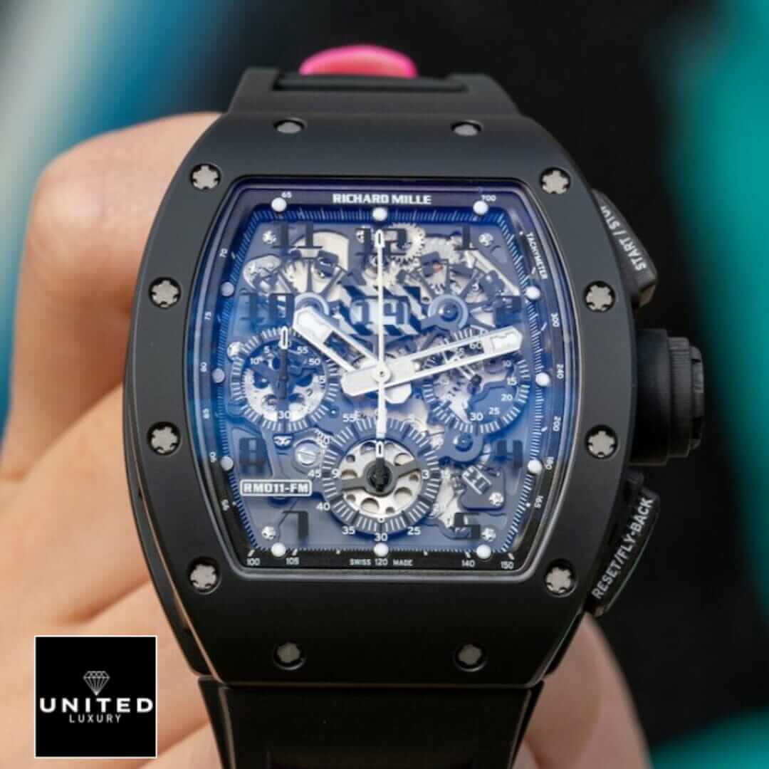 Richard Mille RM 011 "Flyback Chronograph" Ultra Accurate Clone Yeni Proje 24 Richard Mille Black Bezel RM011-FM Replica front view on the hand