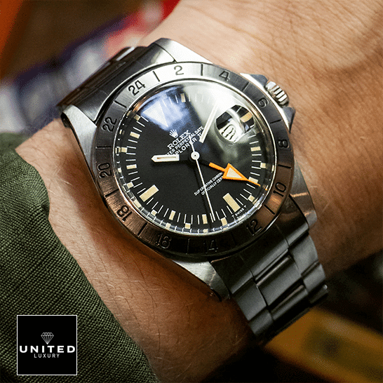 Rolex Explorer II 1655 "Steve McQueen" Vintage Handcrafted Replica Edition Rolex Explorer II 1655 (Antique) WARO025 Black Dial Replica on his arm