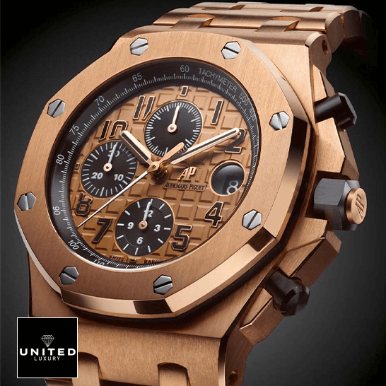 Audemars Piguet Royal Oak 15500OR "Rose Gold" Precision Clone audemars piguet royal oak offshore rose gold dial chronograph 26470OR.OO .1000OR.01 front Audemars Piguet Royal Oak Offshore Rose Gold Replica black background