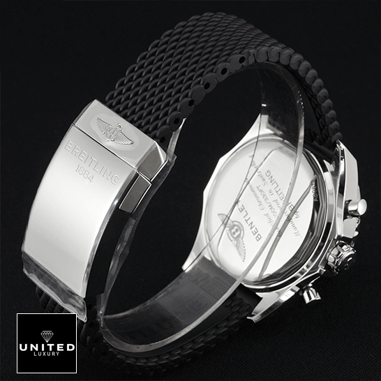 Breitling 128348RBR-0030 "Black Dial" Premium Clone Replica Breilting Black Rubber Bracelet Steel Clasp Replica upside view closed clasp