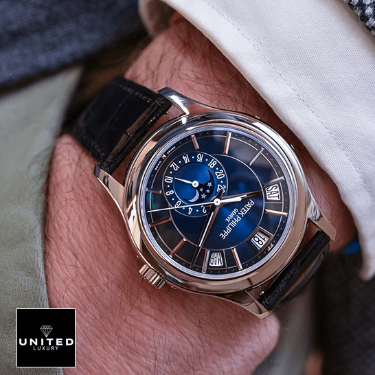 Patek Philippe Annual Calendar 5205G-013 "Blue Dial" Supreme Replica Edition patek philippe complications 5205G 013 replica hand Patek Philippe Complications Blue Dial Steel Case Replica on the man wrist