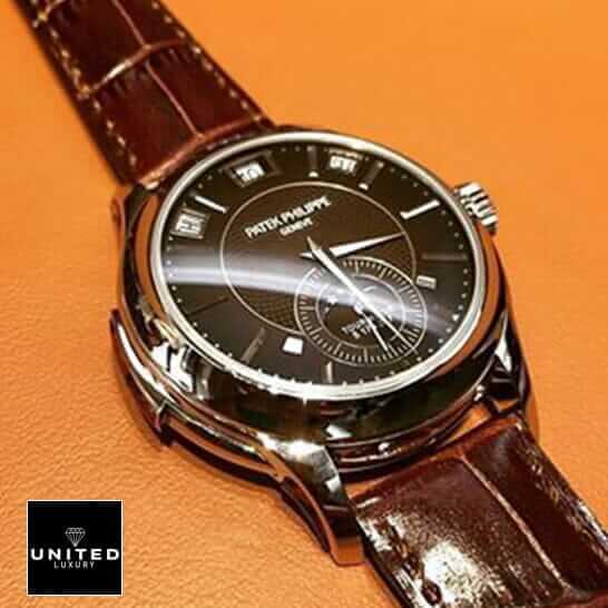 Patek Philippe Minute Repeater Tourbillon 5207P "Platinum" Authentic Clone 1:1 patek repeater replica Patek Philippe Geneve Brown Leather Bracelet Replica orange background