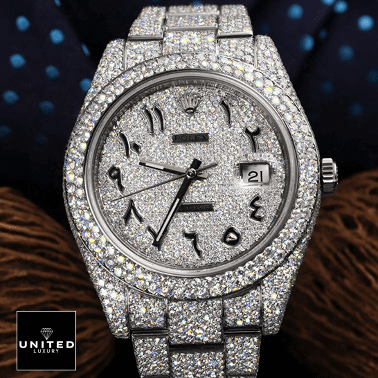 Rolex Datejust 126300 "Iced Out Arabic Dial" Super Clone Quality rolex datejust 116300 replica front Rolex Datejust 116300 Arabic Numerial Dial Iced Out Replica