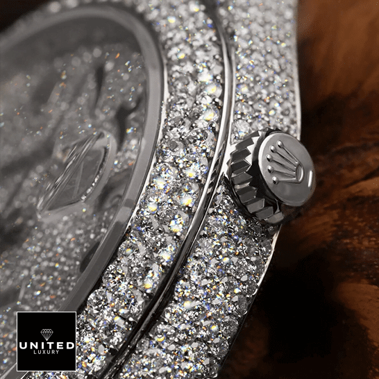 Rolex Datejust 126300 "Iced Out Arabic Dial" Super Clone Quality rolex datejust 116300 replica rightside Rolex Datejust 116300 Iced Out Crown Pusher Replica