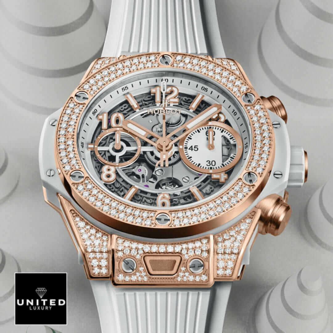 Hublot Big Bang Unico 441.OM.1180.RX "Rose Gold" Precision Replica Edition Yeni Proje 2 9 HUblot White Diamond Bezel Rubber Bracelet Replica white background
