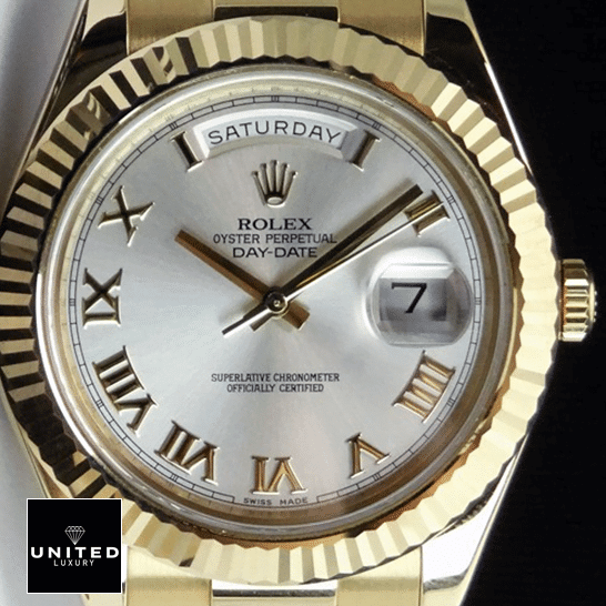 Rolex Day-Date 218238 "Presidential" Ultra Fine Replica rolex day date II collection gold silver white dial 218238 dial Rolex Day-Date II White Dial Roman 218238 Replica black background