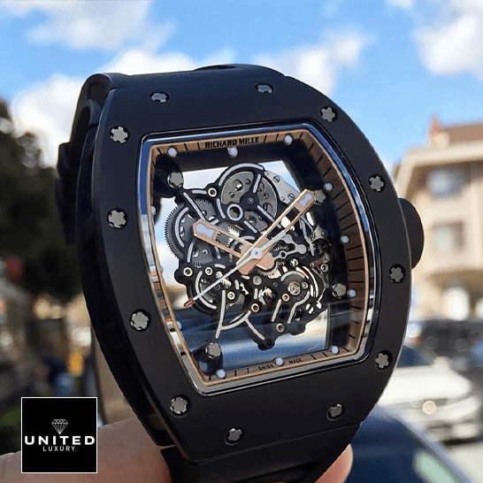Richard Mille RM 055 "Black Dial" Authentic Super Replica richard mille RM055 replica front Richard Mille RM055 Skeleton Black Dial Replica white background