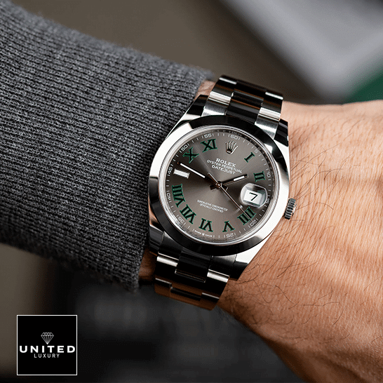 Rolex Datejust 126333 "Wimbledon Dial" First-Class Replica Rolex Datejust Wimbledon 126300-0013 Grey Dial Romen Numerial Replica on his arm
