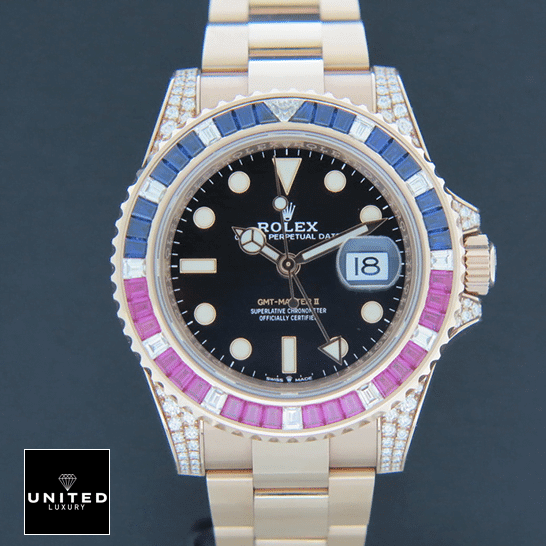 Rolex GMT-Master II 126755SARU "Diamond Bezel" True to Original Copy Rolex GMT-Master II 126755SARU Replica dial is black with stick and dot indices