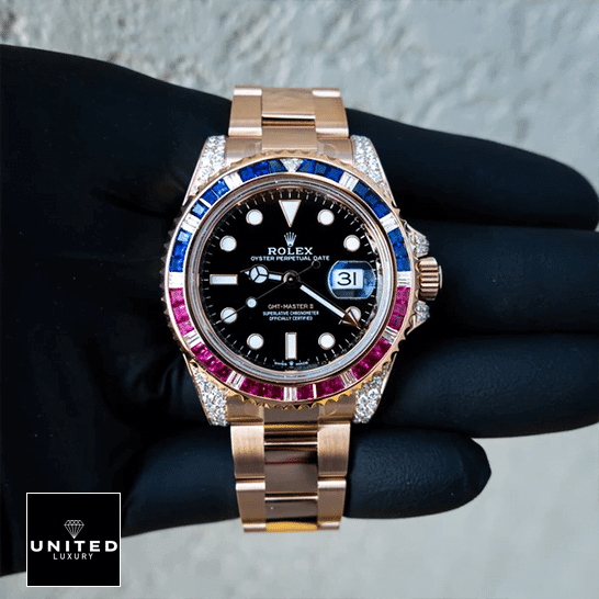 Rolex GMT-Master II 126755SARU "Diamond Bezel" True to Original Copy Rolex GMT-Master II 126755SARU Replica rose gold color and a gem bezel in red and blue