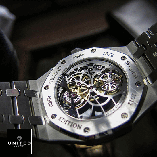 Audemars Piguet Royal Oak Double Balance Wheel Openworked 15407ST Replica audemars piguet royal oak 41 stainless steel openworked watch skeleton dial unitedluxury machanisma 1 Audemars Piguet Royal Oak 41 Stainless Steel Replica upside mechanism view