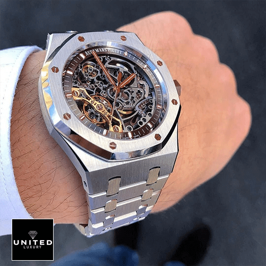 Audemars Piguet Royal Oak Double Balance Wheel Openworked 15407ST Replica audemars piguet royal oak 41 stainless steel openworked watch skeleton unitedluxury 1 Audemars Piguet Royal Oak Skeleton Dial Replica on the wristh