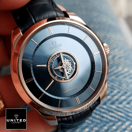 Omega De Ville Tourbillon Co-Axial 4637.31.31 "Tourbillon" Mirror Clone Quality omega 528.53.44.21.03.001 de ville tresor dial Omega Tourbillion Blue Dial Gold Case Replica blue background