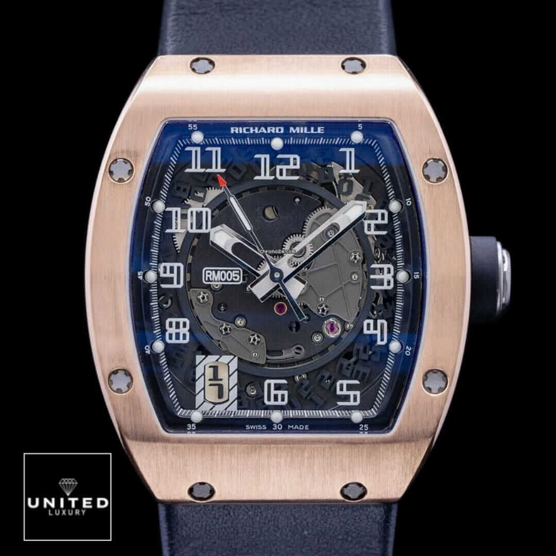 Richard Mille RM 005 "Automatic" Masterpiece Replica Yeni Proje 2 15 Richard Mille Gold Rose Bezel Rubber Black Bracelet Replica black background