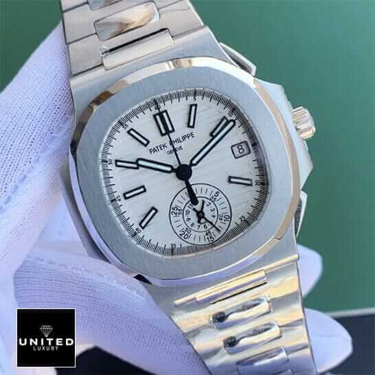 Patek Philippe Nautilus Chronograph 5980/1A-019 "White Dial" Precision Clone patek philippe chronograph replica 3 Patek Philippe Geneve White Dial Steel Replica on the white glove hand