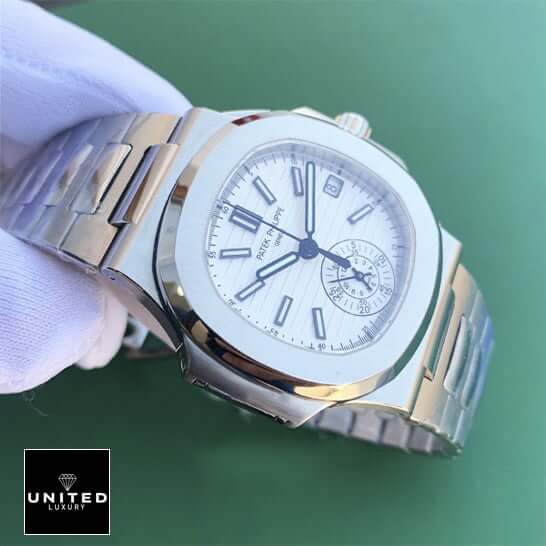 Patek Philippe Nautilus Chronograph 5980/1A-019 "White Dial" Precision Clone patek philippe chronograph replica 5 Patek Philippe White Dial Geneve Steel Case Replica green background