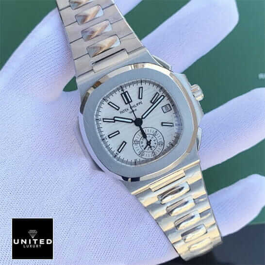 Patek Philippe Nautilus Chronograph 5980/1A-019 "White Dial" Precision Clone patek philippe chronograph replica 6 Patek Philippe White Dial Geneve Steel Bracelet Replica on the hand
