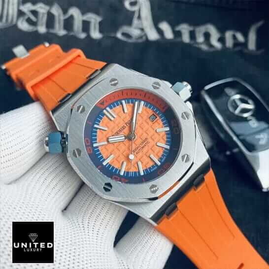 Audemars Piguet Royal Oak Offshore Chronograph 26408OR.OO.A010CA.01 "Summer Edition" Exclusive Clone Edition ap royaloak 15710st case front AP Royal Oak 15710ST Orange Rubber Bracelet Replica fornt view