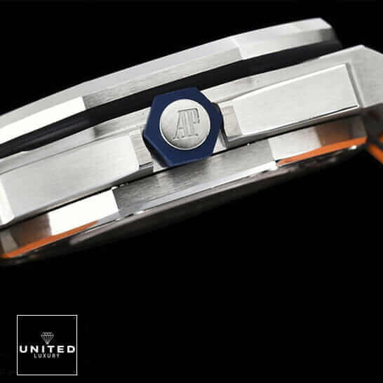 Audemars Piguet Royal Oak Offshore Chronograph 26408OR.OO.A010CA.01 "Summer Edition" Exclusive Clone Edition ap royaloak 15710st case right Audemars Piguet Royal Oak 15710ST Replica Crown / push button black background