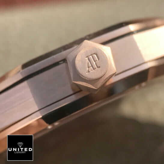 Audemars Piguet Royal Oak 15407ST.OO.1220ST.01 "Rose Gold" Master Replica 1:1 ap skeleton rose replica 3 Audemars Piguet Royal Oak Rose Gold Case Replica crown on the ap logo