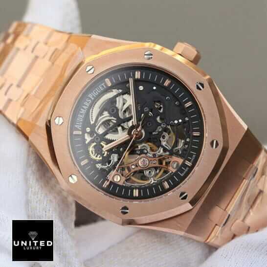 Audemars Piguet Royal Oak 15407ST.OO.1220ST.01 "Rose Gold" Master Replica 1:1 ap skeleton rose replica 4 Audemars Piguet Royal Oak Skeleton Black Dial Replica on the hand