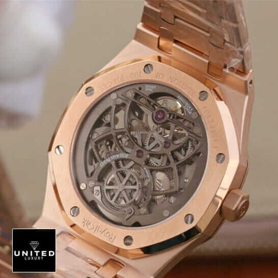Audemars Piguet Royal Oak 15407ST.OO.1220ST.01 "Rose Gold" Master Replica 1:1 ap skeleton rose replica Audemars Piguet Rose Gold Skeleton Replica upside view