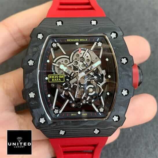 Richard Mille RM 35-02 "Red Carbon" Premium Copy 1:1 rm3502 red carbon replica 2 Richard Mille RM3502 Black Bezel Red Rubber Bracelet Replica on the hand