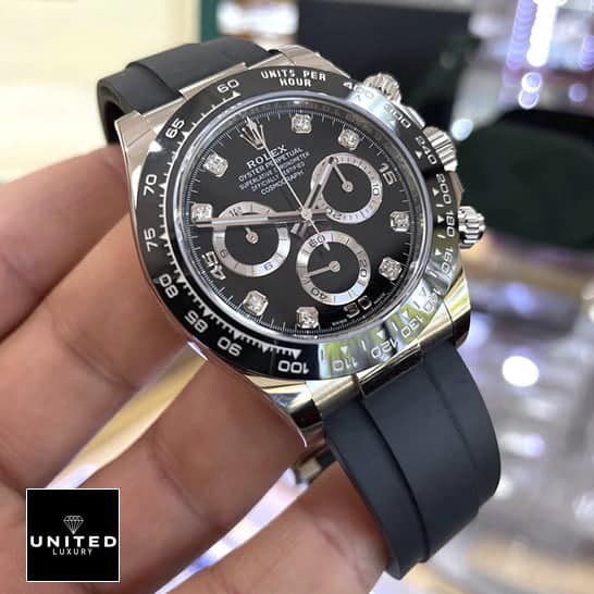 Rolex Daytona Cosmograph 116519LN "Oysterflex" 1:1 Clone Edition rolex oysterflex diamond replica 5 Rolex Daytona Oysterflex 116519LN Black Rubber Bracelet Replica in their hands