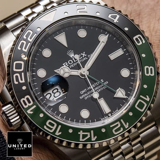 Rolex GMT-Master II 126720VTNR Sprite Premium Clone 1:1 rolex sprite jubile replica 2 Rolex Gmt-Master II Sprite Replica close analog view and above the wrist