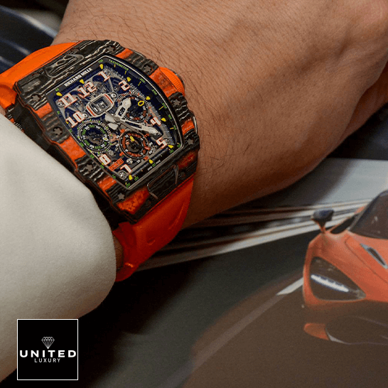 Richard Mille RM 11-03 "McLaren" Top Tier Replica Edition Richard Mille Mclaren hand two Richard Mille Orange Bracelet Cabron Case Replica on the wirst