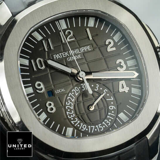 Patek Philippe Aquanaut Travel Time 5164A-001 "Dual Time" Supreme Clone Quality patek dual time replica 2 1 Patek Philippe Geneve Black Dial Steel Bezel Replica close front view