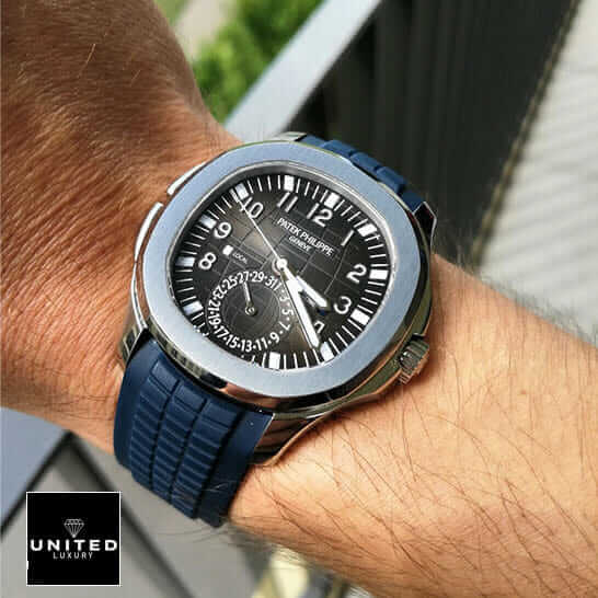 Patek Philippe Aquanaut Travel Time 5164A-001 "Dual Time" Supreme Clone Quality patek dual time replica 4 Patek Philippe Black Rubber Bracelet Steel Black Dial Replica on the wrist
