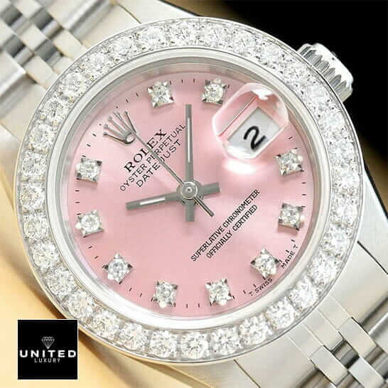 Rolex Datejust 126234 "Diamond Bezel" Premium Clone rolex pink diamond replica 1 Rolex Datejust Pink Diamond Dial Diamond Bezel Replica close cyclops view