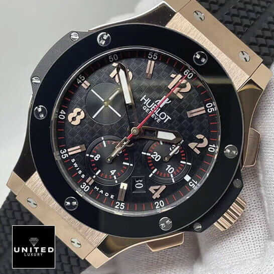 Hublot Big Bang Original 301.PB.131.RX "Rose Gold" Exceptional Replica 1:1 hublot big bang gold ceramic 1 Hublot Big Bang Black Dial Gold Case Replica red second hand white background