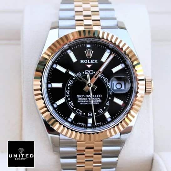 Rolex Sky-Dweller 326933 "Two-Tone" Superior Copy 1:1 rose gold sky dweller replica 2 Rolex Sky-Dweller Jubilee Black Dial Replica