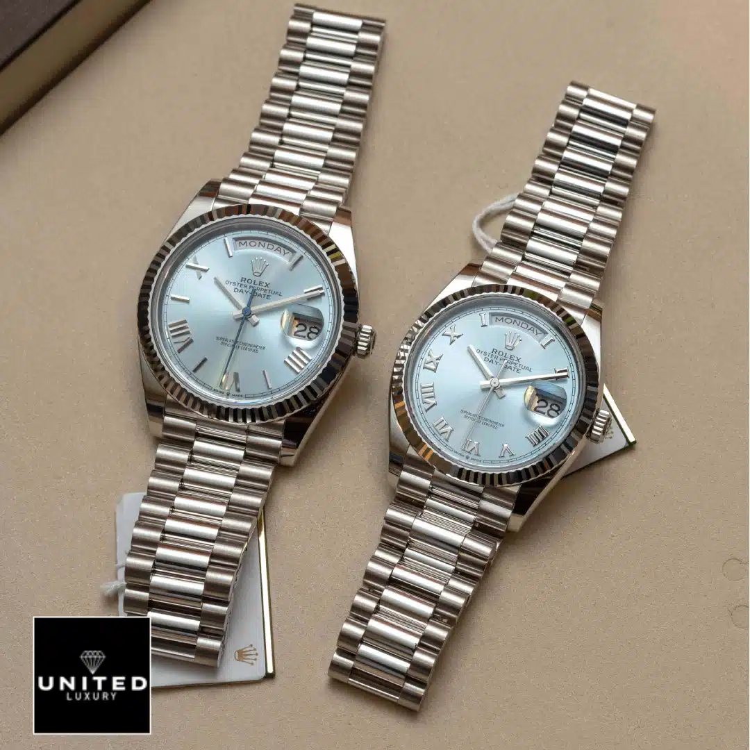 Rolex Day-Date 228236 "Ice Blue Grooved" Super Clone Quality Yeni Proje 11 Rolex Day Date Perpetual 228236 Ice Blue Dial Replica on the table