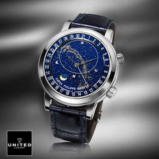 Patek Philippe Celestial Grand 6102 Leather Blue Bracelet Replica grey background
