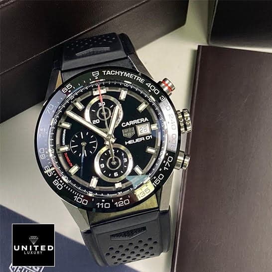 TAG Heuer Carrera Chronograph CBN2A1B.BA0643 "Black Rubber" Deluxe Copy Quality tag carrera black rubber replica1aa Tag Carrera Black Rubber Replica Black Rubber Crown Pusher