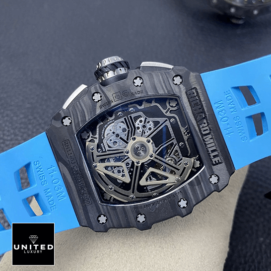 Richard Mille RM 11-03 "Flyback Chronograph" Perfect Clone Quality richard mille RM 011 03 replica back Richard Mille RM01103 Carbon Case Blue Rubber Bracelet Replica upside view