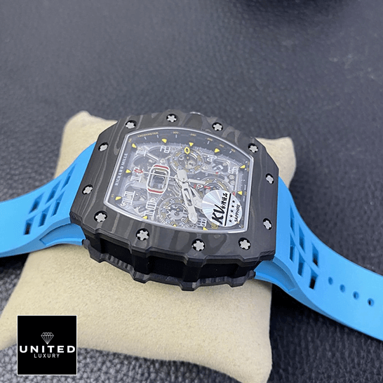 Richard Mille RM 11-03 "Flyback Chronograph" Perfect Clone Quality richard mille RM 011 03 replica leftside Richard Mille RM01103 Black Bezel Blue Bracelet Replica on the hand