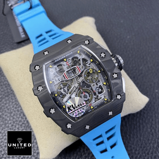 Richard Mille RM 11-03 "Flyback Chronograph" Perfect Clone Quality richard mille RM 011 03 replica Richard Mille RM01103 Blue Rubber Bracelet Black Dial Replica on the stand