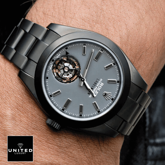 Rolex Milgauss 116400 "Label Noir" Near Original Clone unitedluxury black noir 2 Rolex Label Noir Grey Tourbillon Dial Replica on his arm