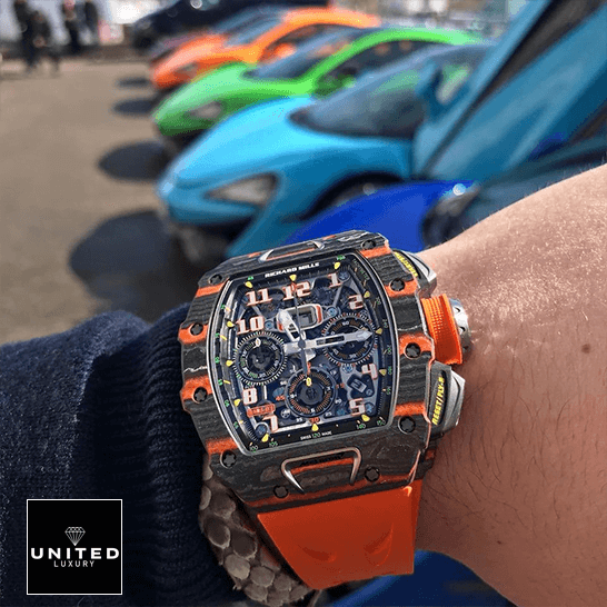 Richard Mille Mclaren hand Orange Rubber Bracelet cars background