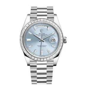 Fake Diamond Watches Rolex Day Date Platinum 228396TBR Ice Blue Baguette Index Replica Rolex Day-Date 228396TBR “Ice Blue Baguette” Pro Clone 1:1