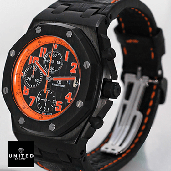 Audemars Piguet Orange Black Dial Black Bezel Replica side view white background